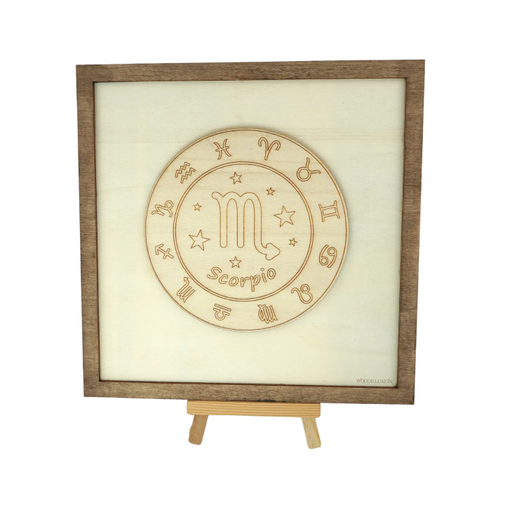 Customizable wall art frame of a Scorpio in cut and engraved wood front view with easel Woodillusion