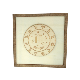 Customizable wall art frame of a Scorpio in cut and engraved wood front view Woodillusion
