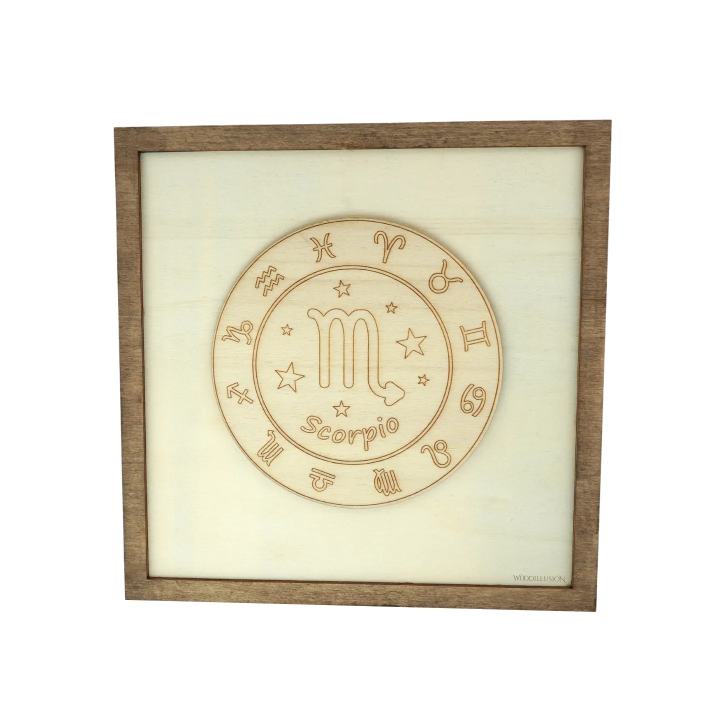 Customizable wall art frame of a Scorpio in cut and engraved wood front view Woodillusion