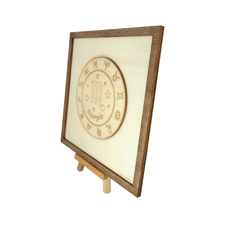 Customizable wall art frame of a Scorpio in cut and engraved wood side view with easel Woodillusion