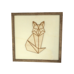 Customizable wall art frame of a fox in cut and engraved wood front view Woodillusion