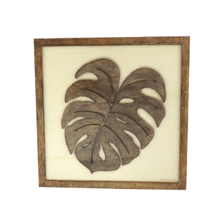 Tableau cadre personnalisable d’une feuille en bois découpé et gravé vue de face Woodillusion