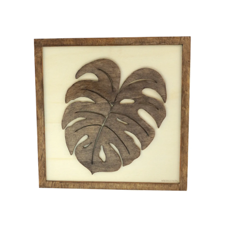 Customizable wall art frame of a leaf in cut and engraved wood front view Woodillusion