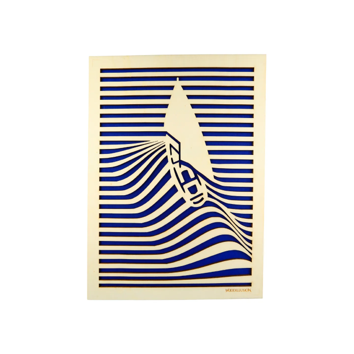 Customizable wall art frame of a sailboat in cut and engraved wood front view Woodillusion
