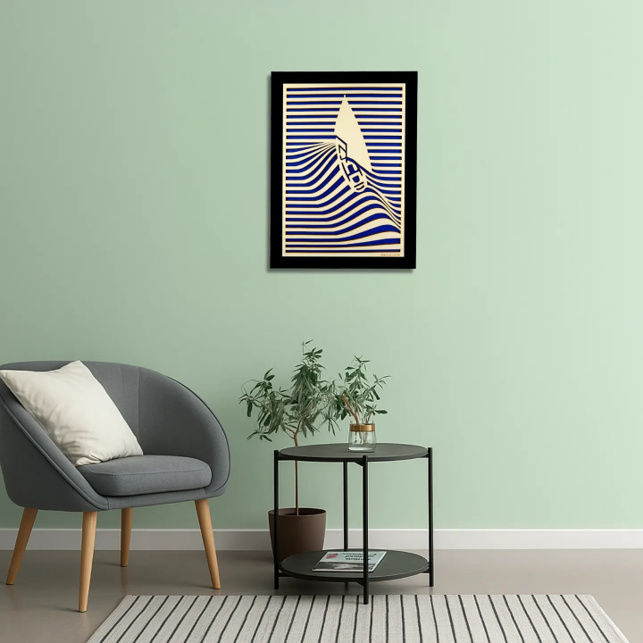 Waiting room view with a customizable wall art frame of a sailboat in cut and engraved wood front view with frame Woodillusion