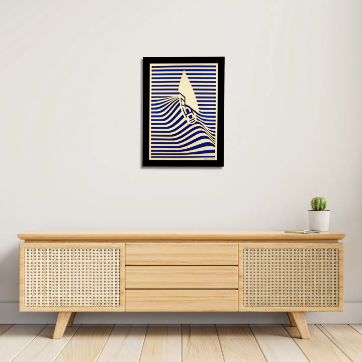 Entrance view with a customizable wall art frame of a sailboat in cut and engraved wood front view with frame Woodillusion