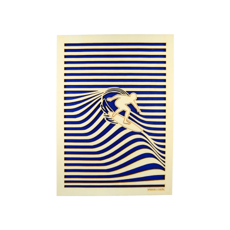 Customizable wall art frame of a surfer in cut and engraved wood front view Woodillusion