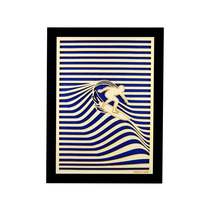 Customizable wall art frame of a surfer in cut and engraved wood front view with frame Woodillusion