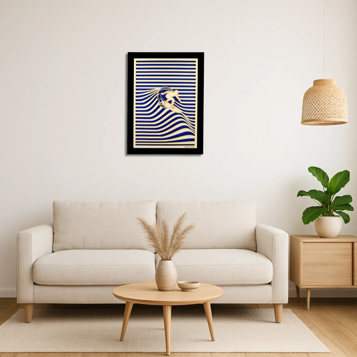 Living room view with a customizable wall art frame of a surfer in cut and engraved wood front view with frame Woodillusion