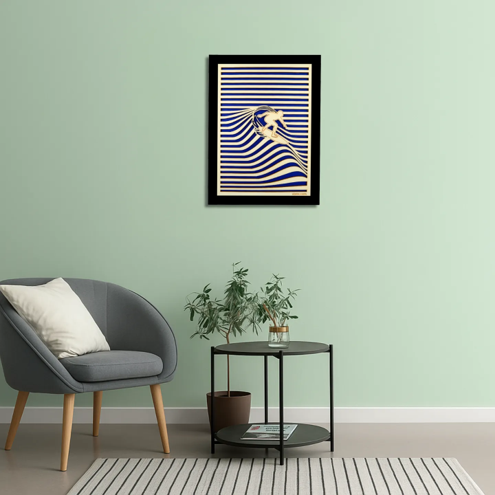 Waiting room view with a customizable wall art frame of a surfer in cut and engraved wood front view with frame Woodillusion