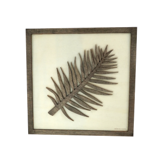 Tableau cadre personnalisable d’une feuille en bois découpé et gravé vue de face Woodillusion
