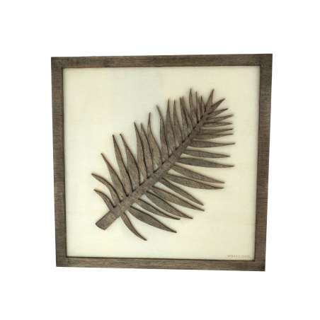 Customizable wall art frame of a leaf in cut and engraved wood front view Woodillusion