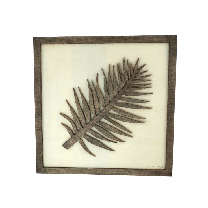 Tableau cadre personnalisable d’une feuille en bois découpé et gravé vue de face Woodillusion