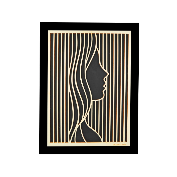 Customizable wall art frame of a face in cut and engraved wood front view with frame Woodillusion