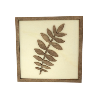 Tableau cadre personnalisable d’une feuille en bois découpé et gravé vue de face Woodillusion