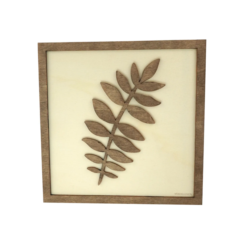 Tableau cadre personnalisable d’une feuille en bois découpé et gravé vue de face Woodillusion