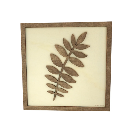 Customizable wall art frame of a leaf in cut and engraved wood front view Woodillusion