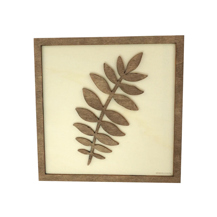 Tableau cadre personnalisable d’une feuille en bois découpé et gravé vue de face Woodillusion