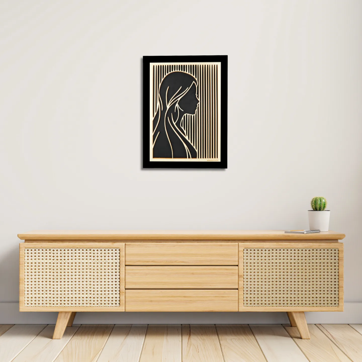 Entryway environment with customizable wall art frame of a face in cut and engraved wood front view with frame Woodillusion