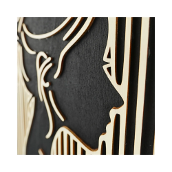 Zoom on customizable wall art frame of a face in cut and engraved wood side view Woodillusion