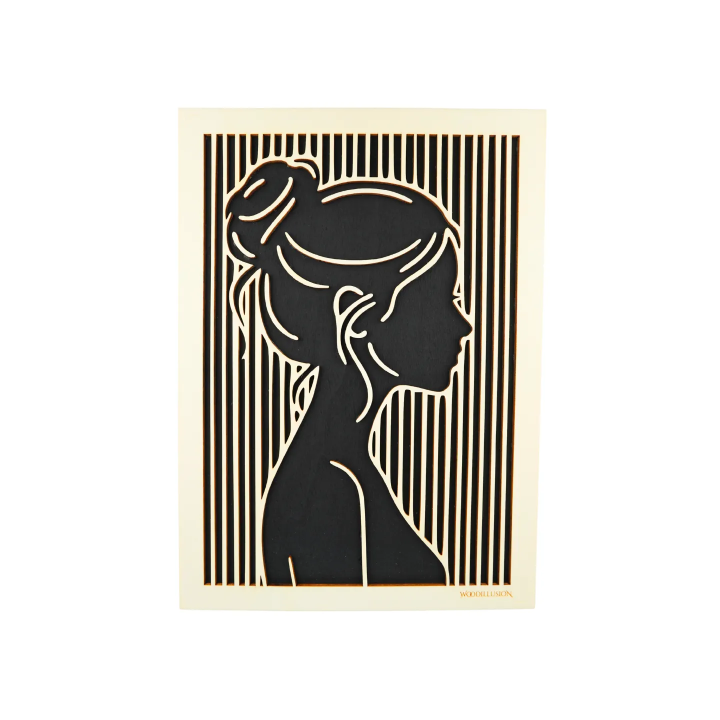 Customizable wall art frame of a face in cut and engraved wood front view Woodillusion