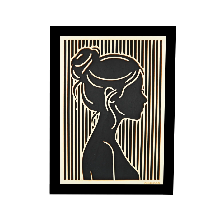 Customizable wall art frame of a face in cut and engraved wood front view with frame Woodillusion