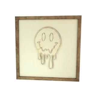 Customizable wall art frame of a melting smiley in cut and engraved wood front view Woodillusion