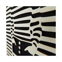 Zoom on customizable wall art frame of a silhouette in cut and engraved wood side view with easel Woodillusion