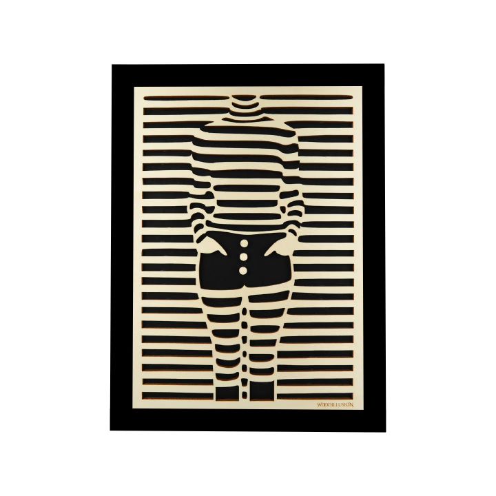 Customizable wall art frame of a silhouette in cut and engraved wood front view with frame Woodillusion