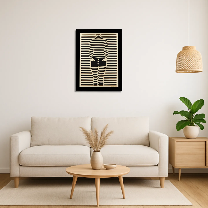 Living room environment with customizable wall art frame of a silhouette in cut and engraved wood front view Woodillusion